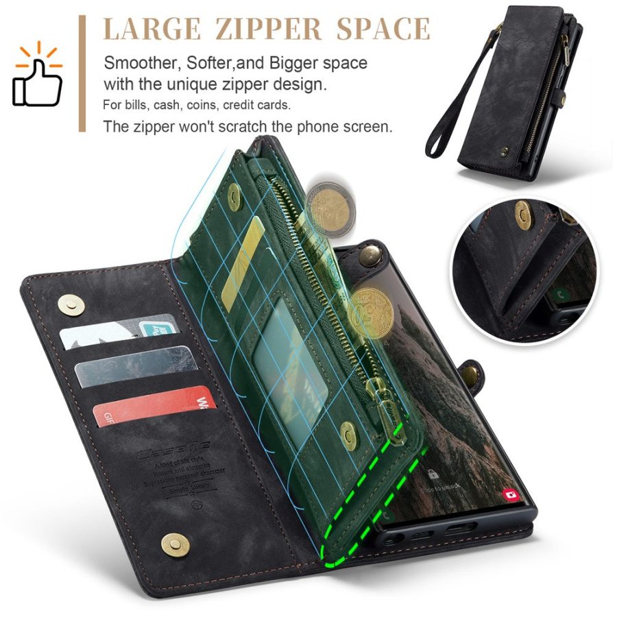 6601136373B-10 CASEME For Samsung Galaxy S25 Ultra Case 2-in-1 Detachable Magnetic Zipper Wallet Vegan Leather Flip Cover