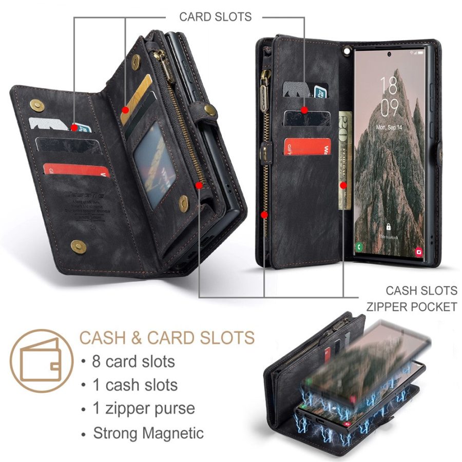 6601136373B-6 CASEME For Samsung Galaxy S25 Ultra Case 2-in-1 Detachable Magnetic Zipper Wallet Vegan Leather Flip Cover