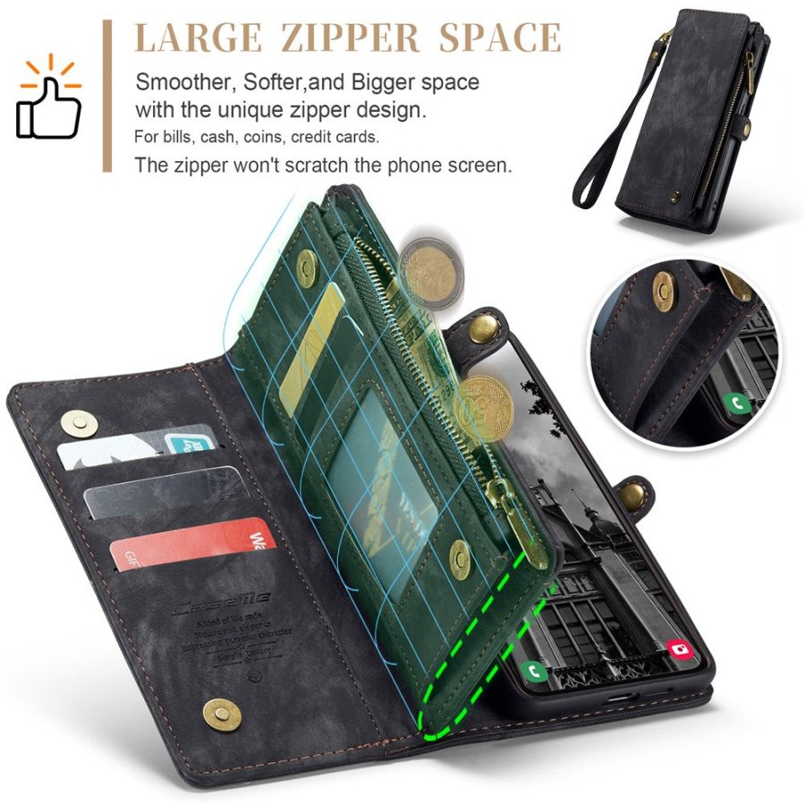 6601136374B-10 CASEME For Samsung Galaxy S25 Case 2-in-1 Detachable Magnetic Zipper Wallet Vegan Leather Flip Cover