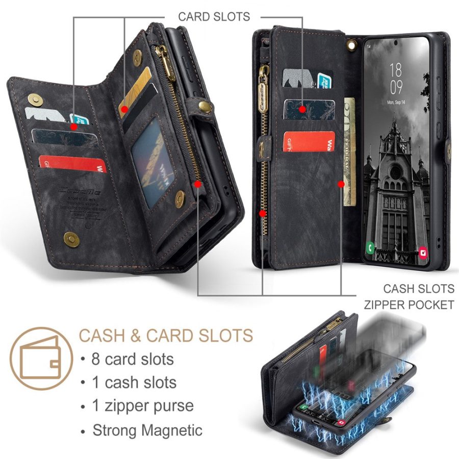 6601136374B-6 CASEME For Samsung Galaxy S25 Case 2-in-1 Detachable Magnetic Zipper Wallet Vegan Leather Flip Cover