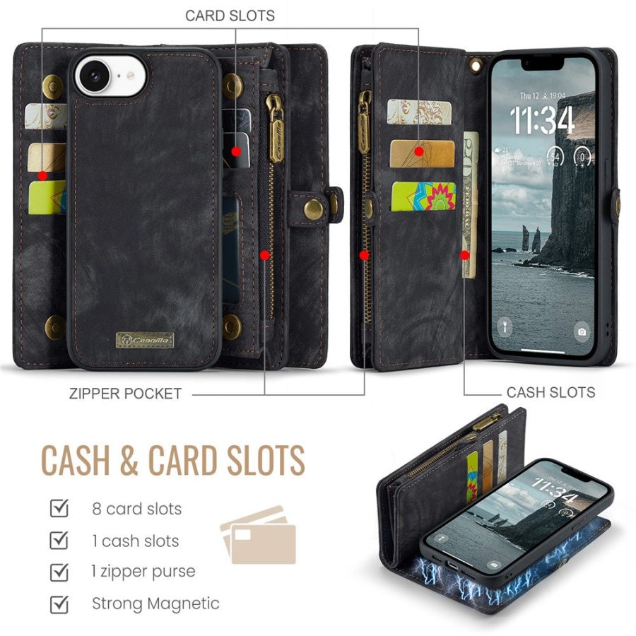 6601143140B-3 CASEME For iPhone 17e / 16e Case 2-in-1 Detachable Magnetic Zipper Wallet Vegan Leather Flip Cover