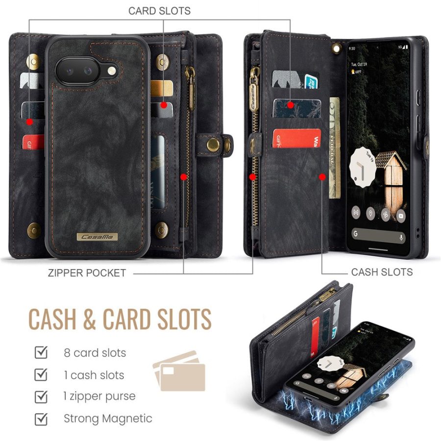 6601146715B-3 CASEME For Google Pixel 9a Case 2-in-1 Detachable Magnetic Zipper Wallet Vegan Leather Flip Cover