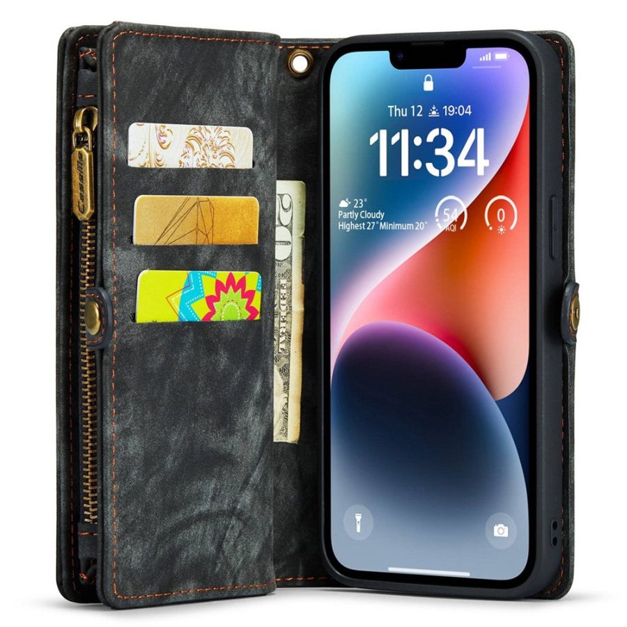 CASEME For iPhone 14 Case 2-in-1 Detachable Magnetic Zipper Wallet Vegan Leather Flip Cover