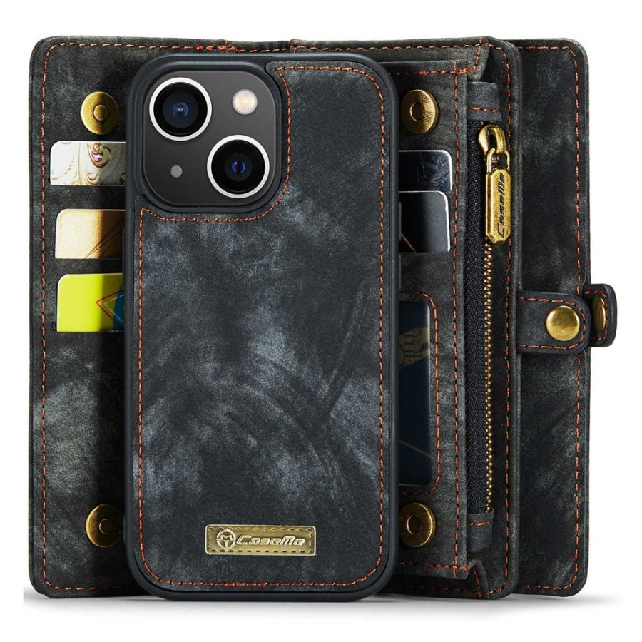 CASEME For iPhone 14 Case 2-in-1 Detachable Magnetic Zipper Wallet Vegan Leather Flip Cover