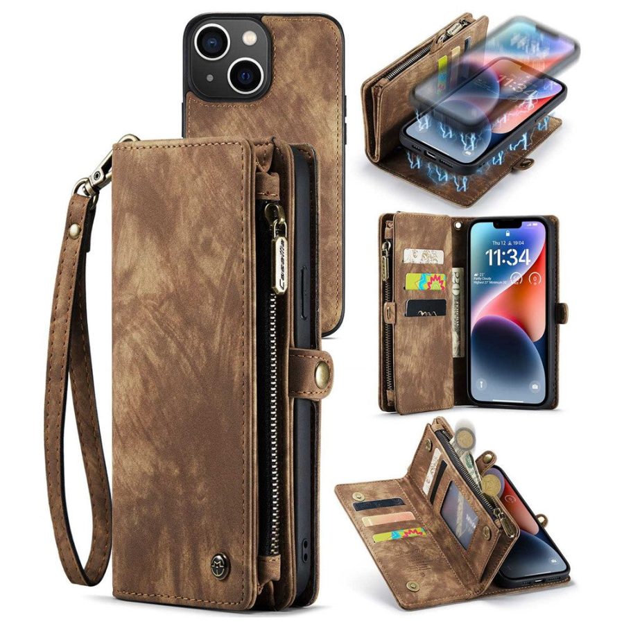 CASEME For iPhone 14 Case 2-in-1 Detachable Magnetic Zipper Wallet Vegan Leather Flip Cover