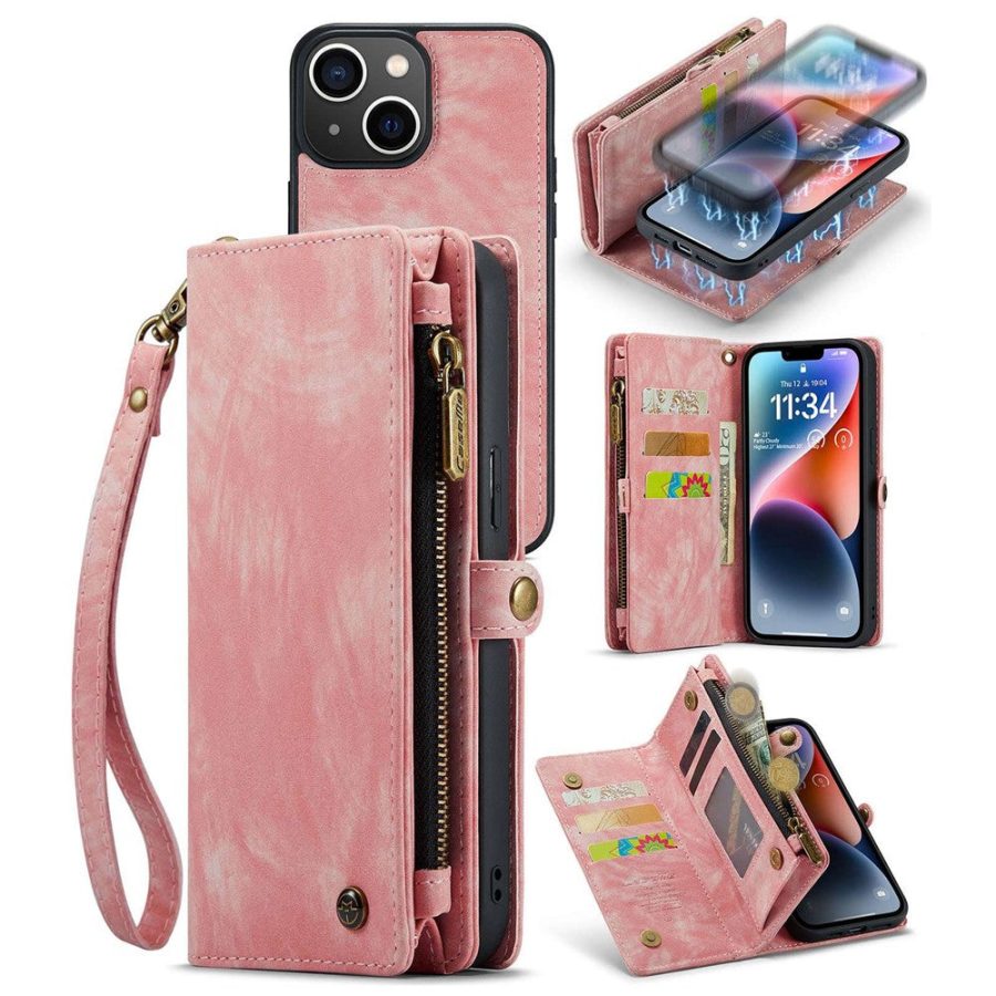 CASEME For iPhone 14 Case 2-in-1 Detachable Magnetic Zipper Wallet Vegan Leather Flip Cover