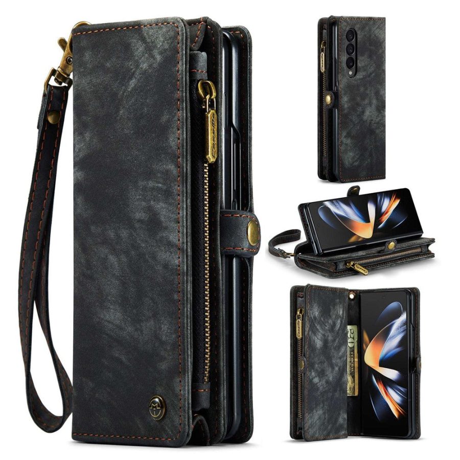 660114804A-1 CASEME For Samsung Galaxy Z Fold4 Case 2-in-1 Detachable Magnetic Zipper Wallet Vegan Leather Flip Cover