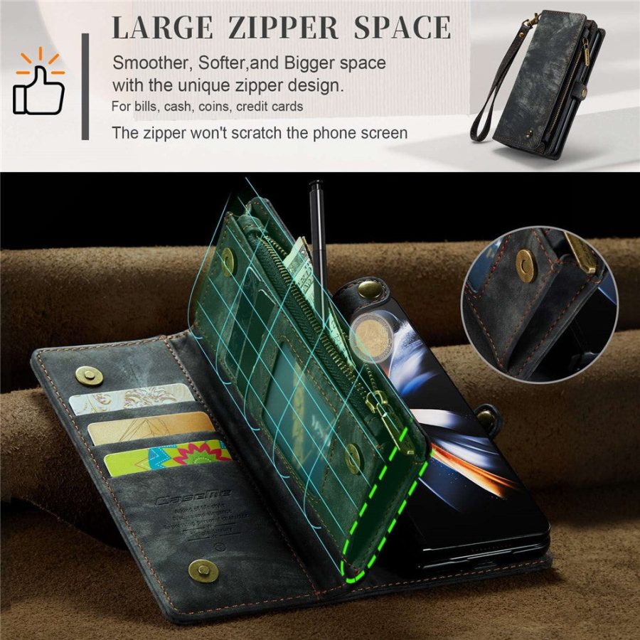 660114804A-6 CASEME For Samsung Galaxy Z Fold4 Case 2-in-1 Detachable Magnetic Zipper Wallet Vegan Leather Flip Cover