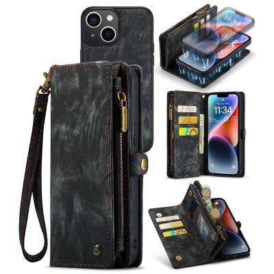 CASEME For iPhone 14 Plus Case 2-in-1 Detachable Magnetic Zipper Wallet Vegan Leather Flip Cover