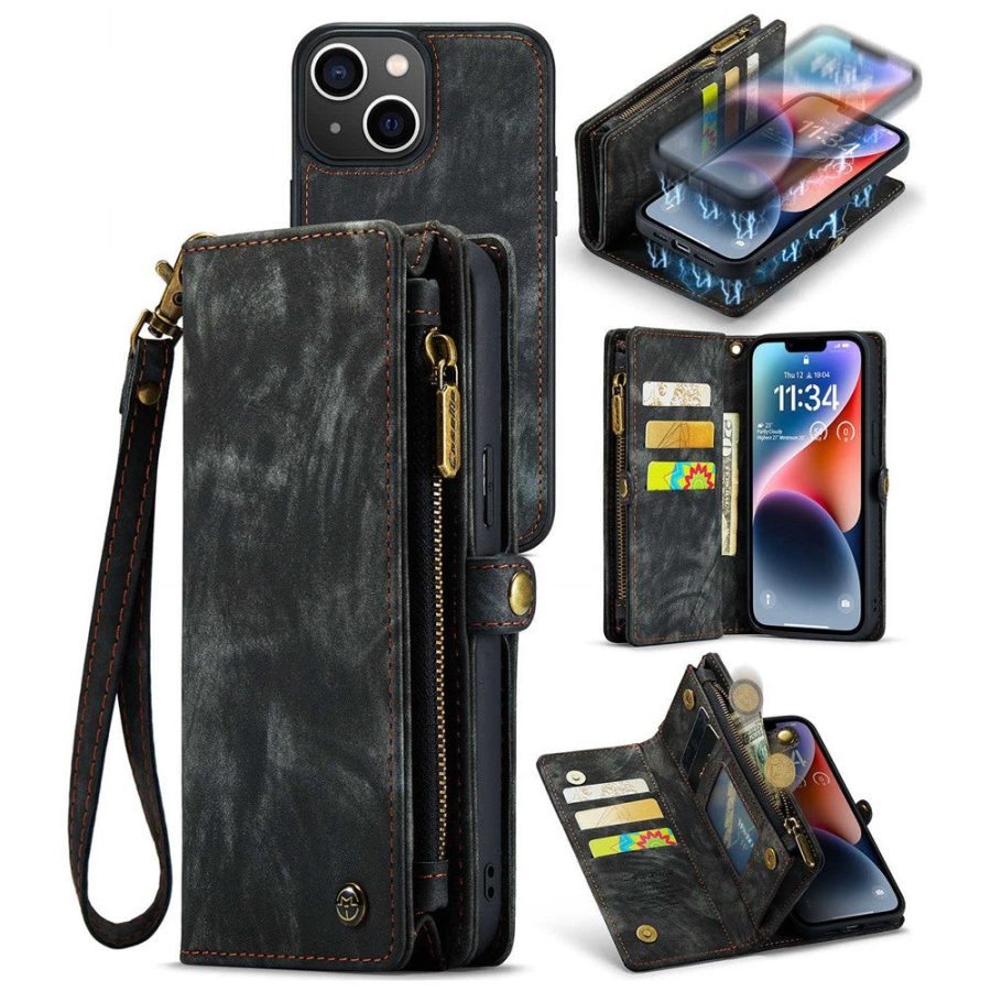 CASEME For iPhone 14 Plus Case 2-in-1 Detachable Magnetic Zipper Wallet Vegan Leather Flip Cover