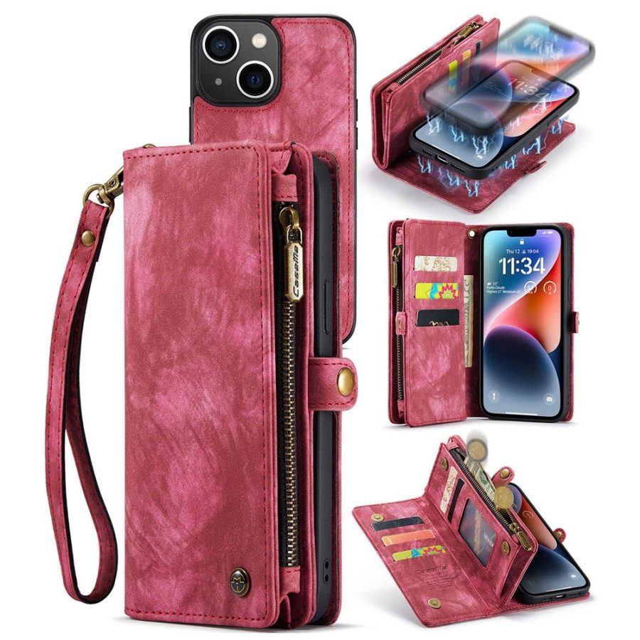 CASEME For iPhone 14 Plus Case 2-in-1 Detachable Magnetic Zipper Wallet Vegan Leather Flip Cover