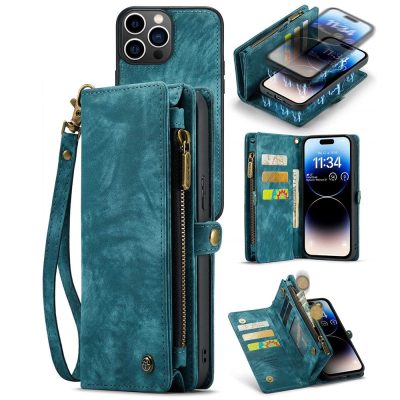 CASEME For iPhone 14 Pro Max Case 2-in-1 Detachable Magnetic Zipper Wallet Vegan Leather Flip Cover