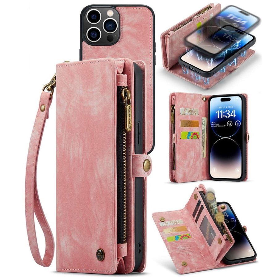 CASEME For iPhone 14 Pro Max Case 2-in-1 Detachable Magnetic Zipper Wallet Vegan Leather Flip Cover