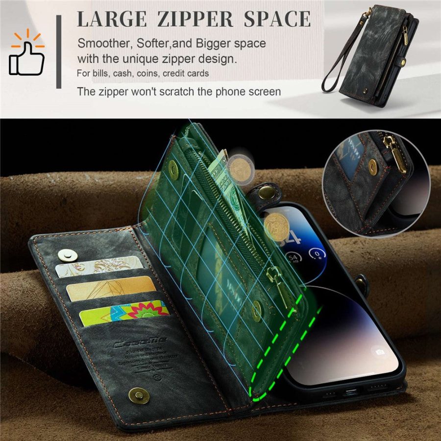 CASEME For iPhone 14 Pro Max Case 2-in-1 Detachable Magnetic Zipper Wallet Vegan Leather Flip Cover