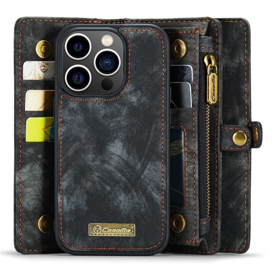 CASEME For iPhone 14 Pro Max Case 2-in-1 Detachable Magnetic Zipper Wallet Vegan Leather Flip Cover