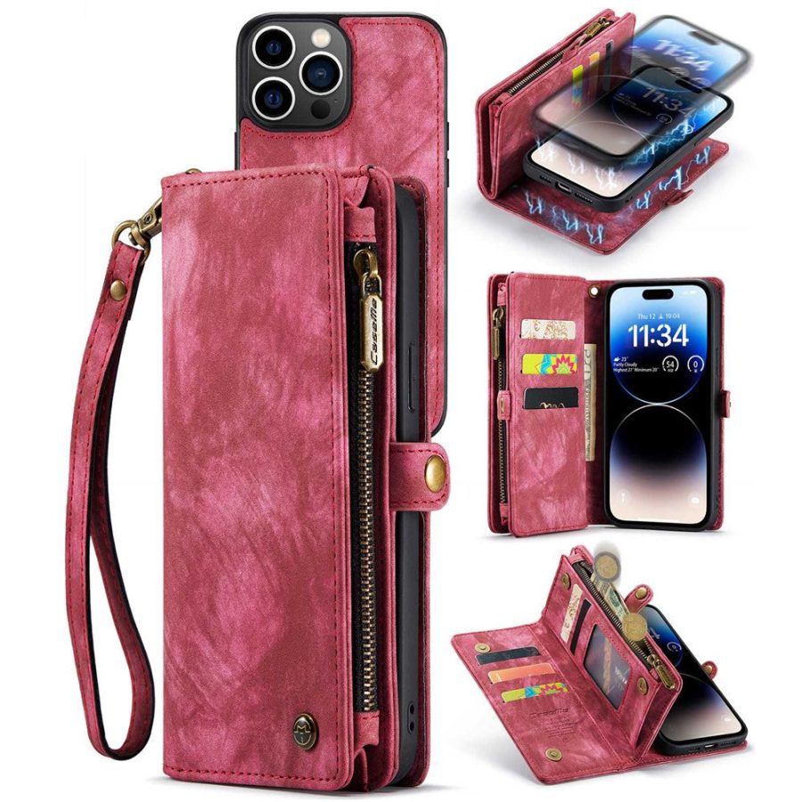 660114813B-1 CASEME For iPhone 14 Pro Case 2-in-1 Detachable Magnetic Zipper Wallet Vegan Leather Flip Cover
