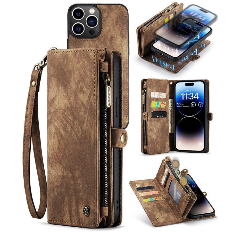 660114813D-1 CASEME For iPhone 14 Pro Case 2-in-1 Detachable Magnetic Zipper Wallet Vegan Leather Flip Cover