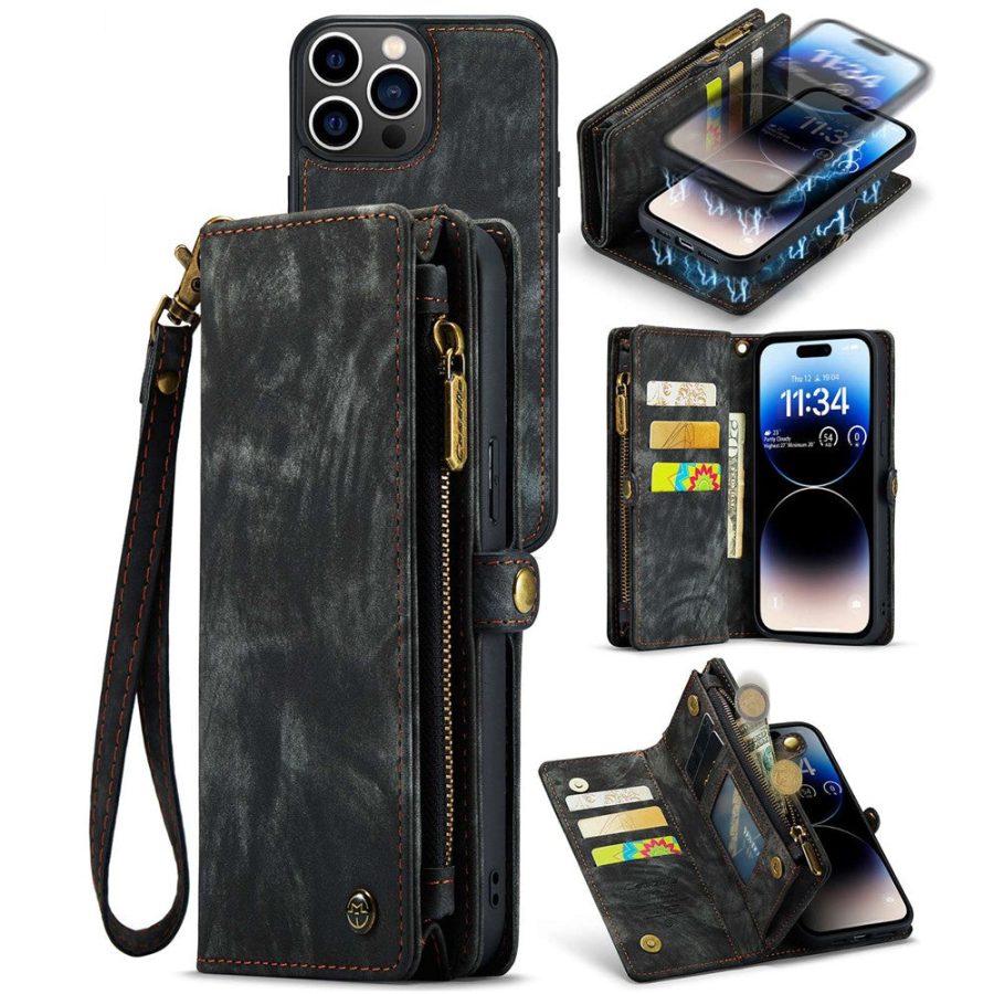 660114813E-1 CASEME For iPhone 14 Pro Case 2-in-1 Detachable Magnetic Zipper Wallet Vegan Leather Flip Cover