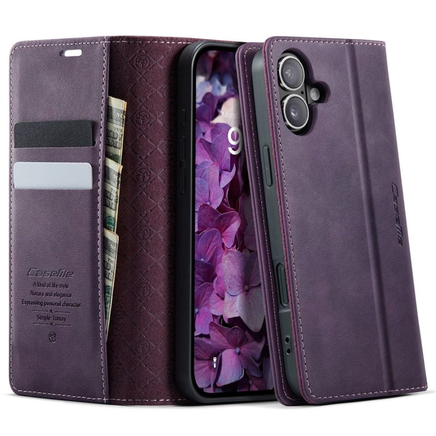 CASEME For iPhone 16 Case RFID Blocking Wallet Calf Texture Vegan Leather Flip Cover