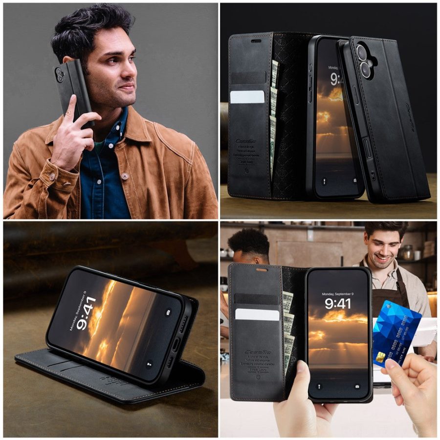 CASEME For iPhone 16 Case RFID Blocking Wallet Calf Texture Vegan Leather Flip Cover