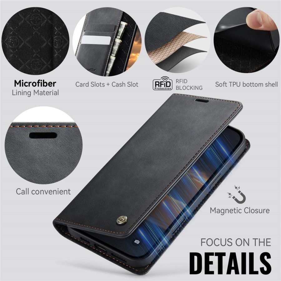 CASEME For iPhone 16 Case RFID Blocking Wallet Calf Texture Vegan Leather Flip Cover