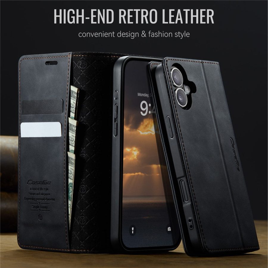 CASEME For iPhone 16 Case RFID Blocking Wallet Calf Texture Vegan Leather Flip Cover