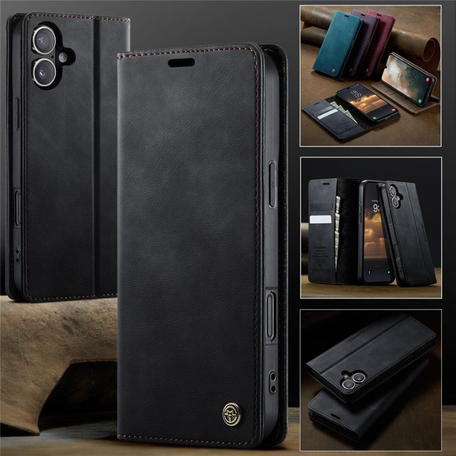 CASEME For iPhone 16 Case RFID Blocking Wallet Calf Texture Vegan Leather Flip Cover