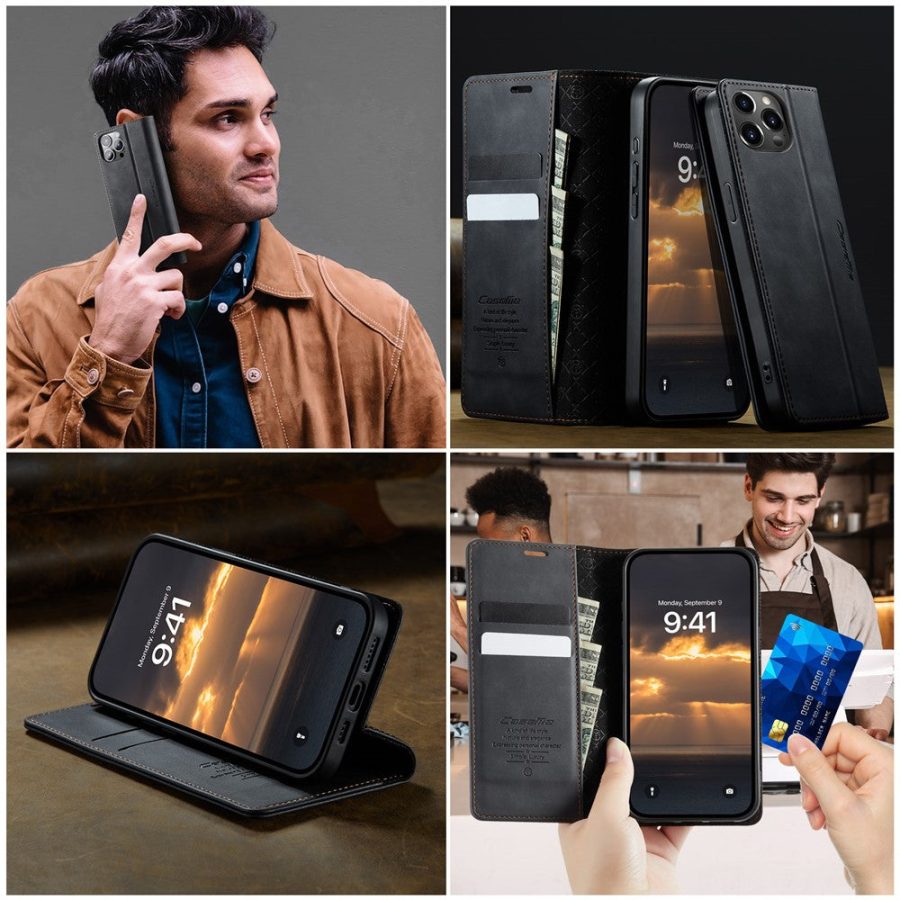6601160821A-12 CASEME For iPhone 12 Pro Max Case RFID Blocking Wallet Calf Texture Vegan Leather Flip Cover