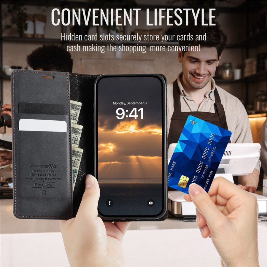 CASEME For iPhone 13 Case RFID Blocking Wallet Calf Texture Vegan Leather Flip Cover
