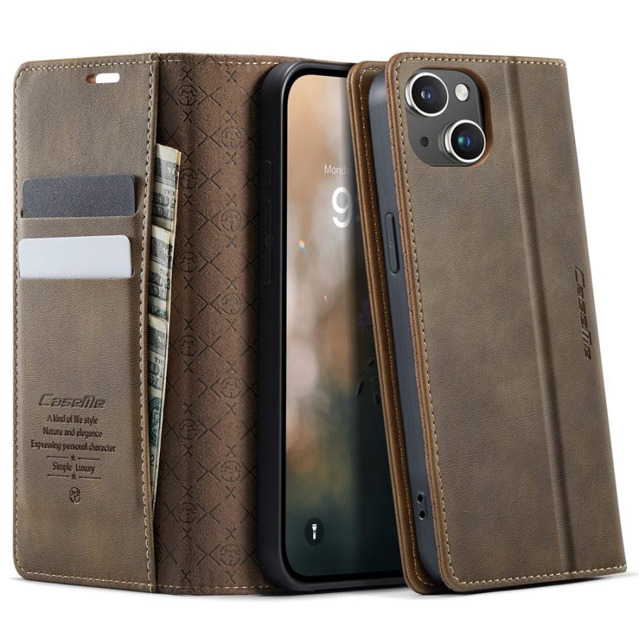 CASEME For iPhone 13 Case RFID Blocking Wallet Calf Texture Vegan Leather Flip Cover