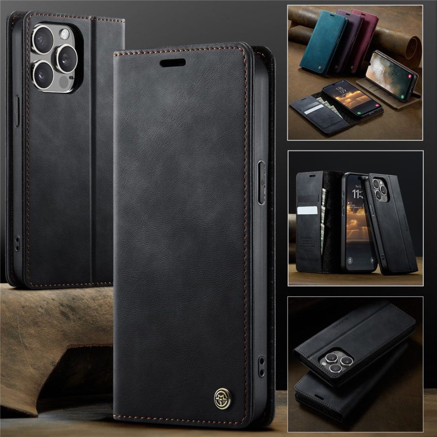 CASEME For iPhone 13 Pro Max Case RFID Blocking Wallet Calf Texture Vegan Leather Flip Cover