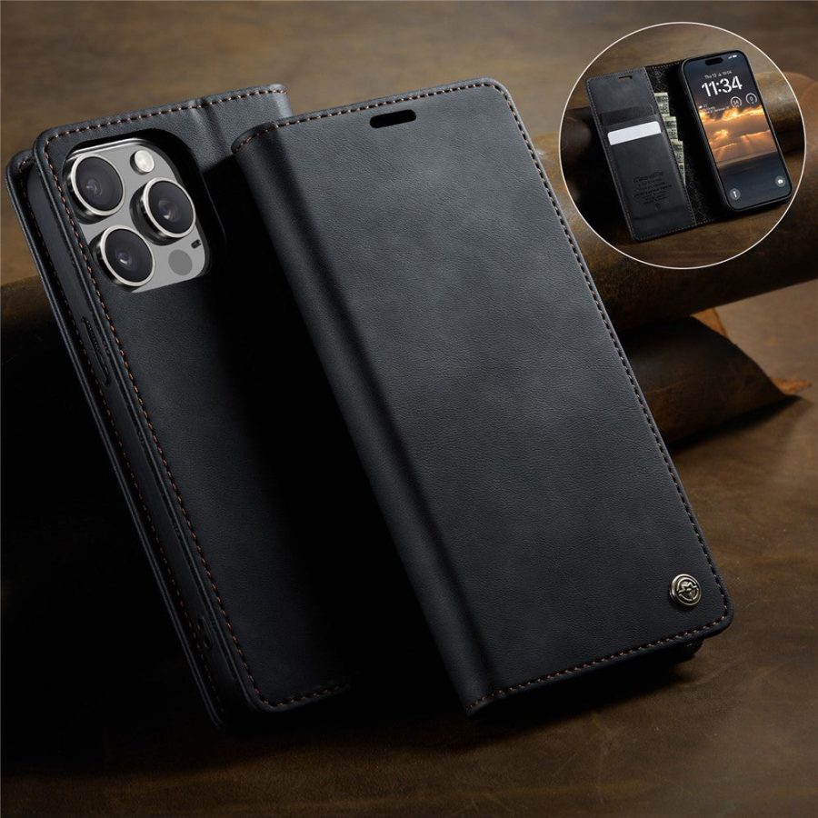 6601160828B-11 CASEME For iPhone 13 Pro Case RFID Blocking Wallet Calf Texture Vegan Leather Flip Cover