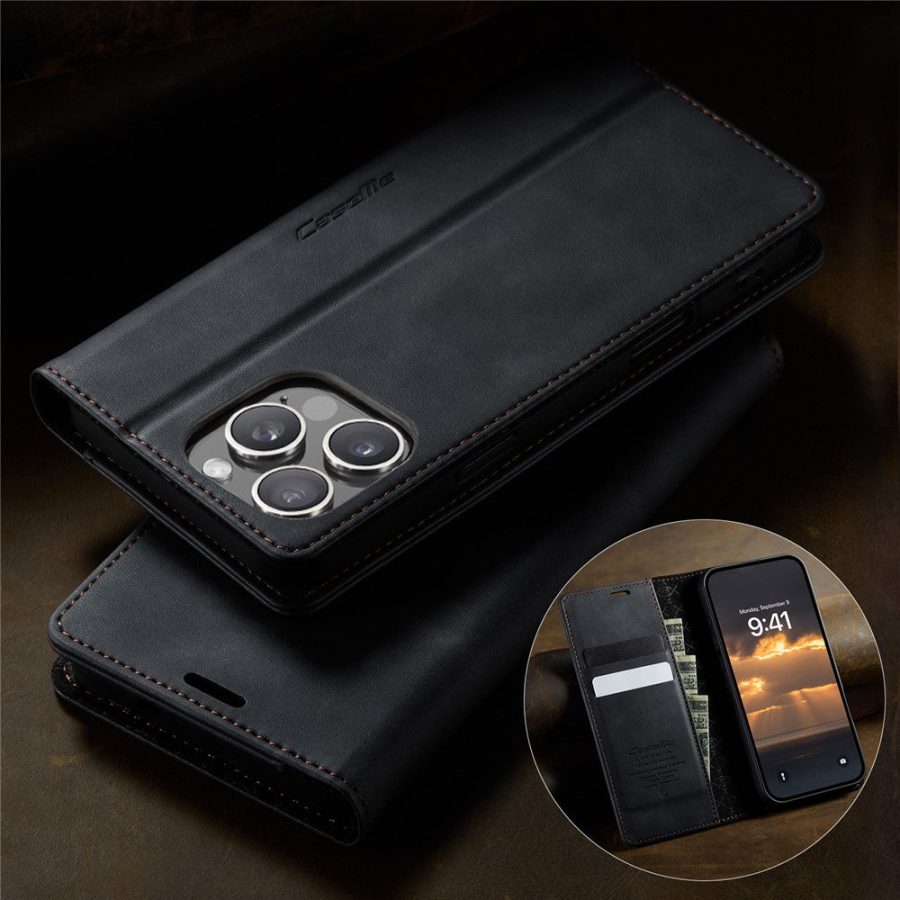 CASEME For iPhone 16 Pro Case RFID Blocking Wallet Calf Texture Vegan Leather Flip Cover