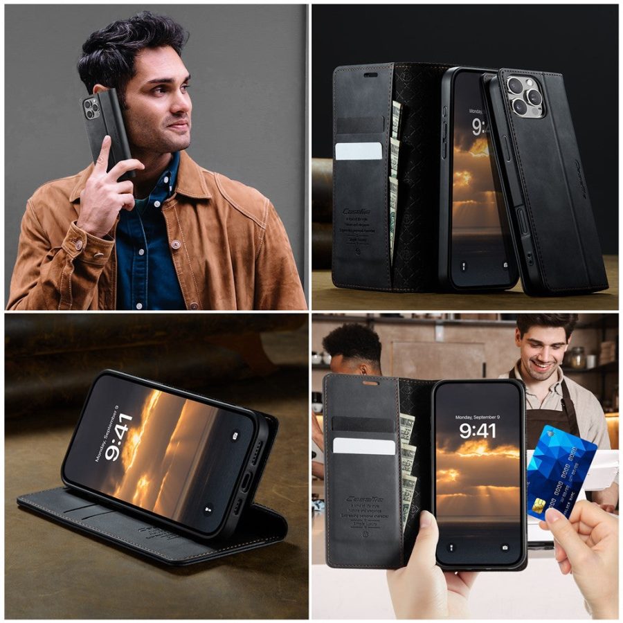 CASEME For iPhone 16 Pro Case RFID Blocking Wallet Calf Texture Vegan Leather Flip Cover