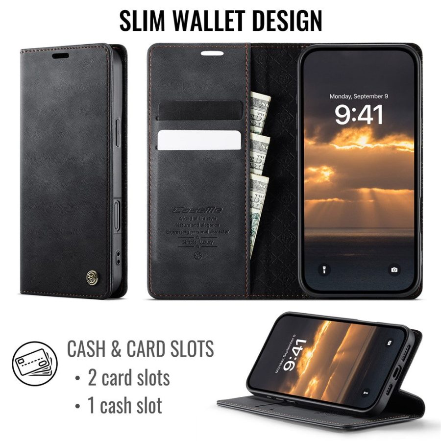 CASEME For iPhone 16 Pro Case RFID Blocking Wallet Calf Texture Vegan Leather Flip Cover