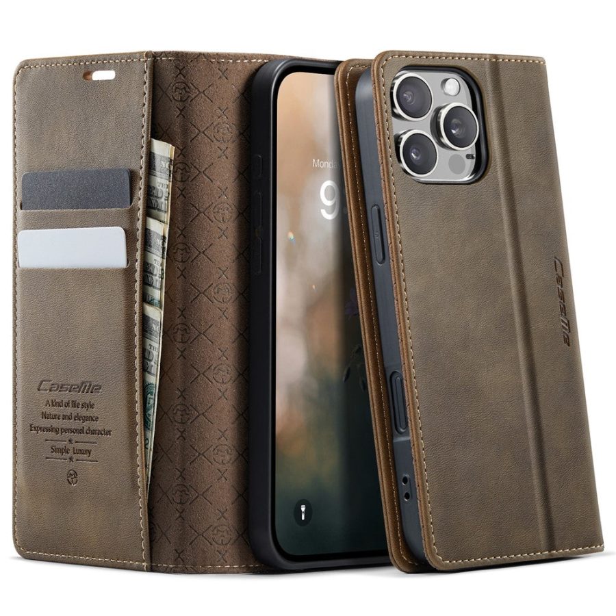 CASEME For iPhone 16 Pro Case RFID Blocking Wallet Calf Texture Vegan Leather Flip Cover