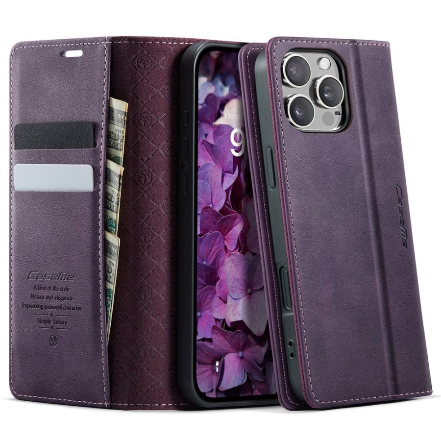 CASEME For iPhone 16 Pro Case RFID Blocking Wallet Calf Texture Vegan Leather Flip Cover