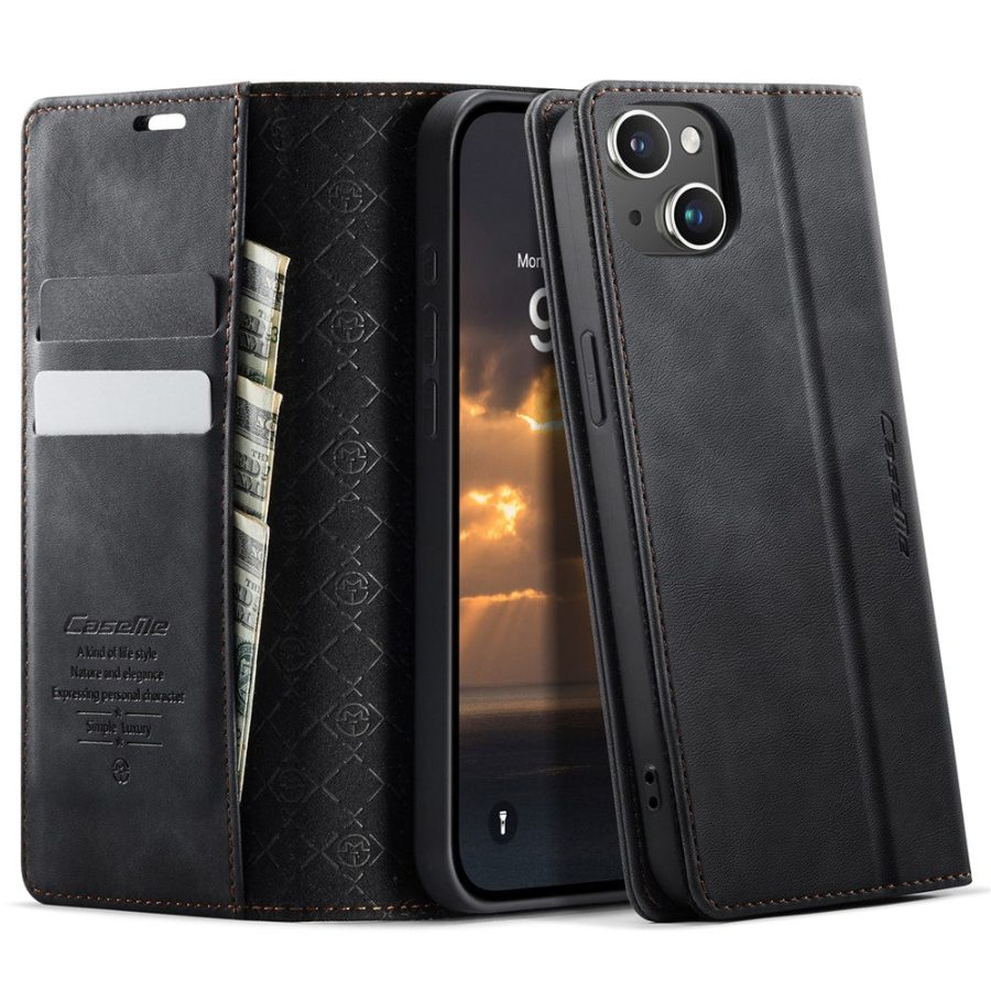 CASEME For iPhone 14 Case RFID Blocking Wallet Calf Texture Vegan Leather Flip Cover