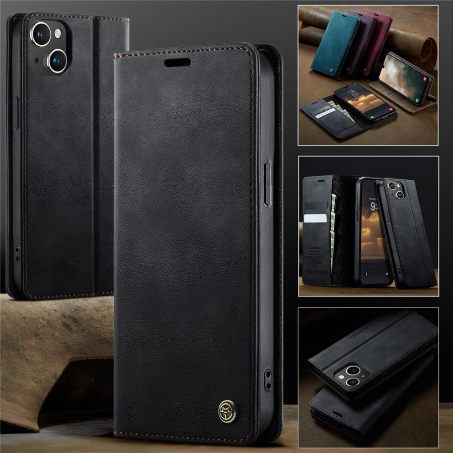 CASEME For iPhone 14 Case RFID Blocking Wallet Calf Texture Vegan Leather Flip Cover