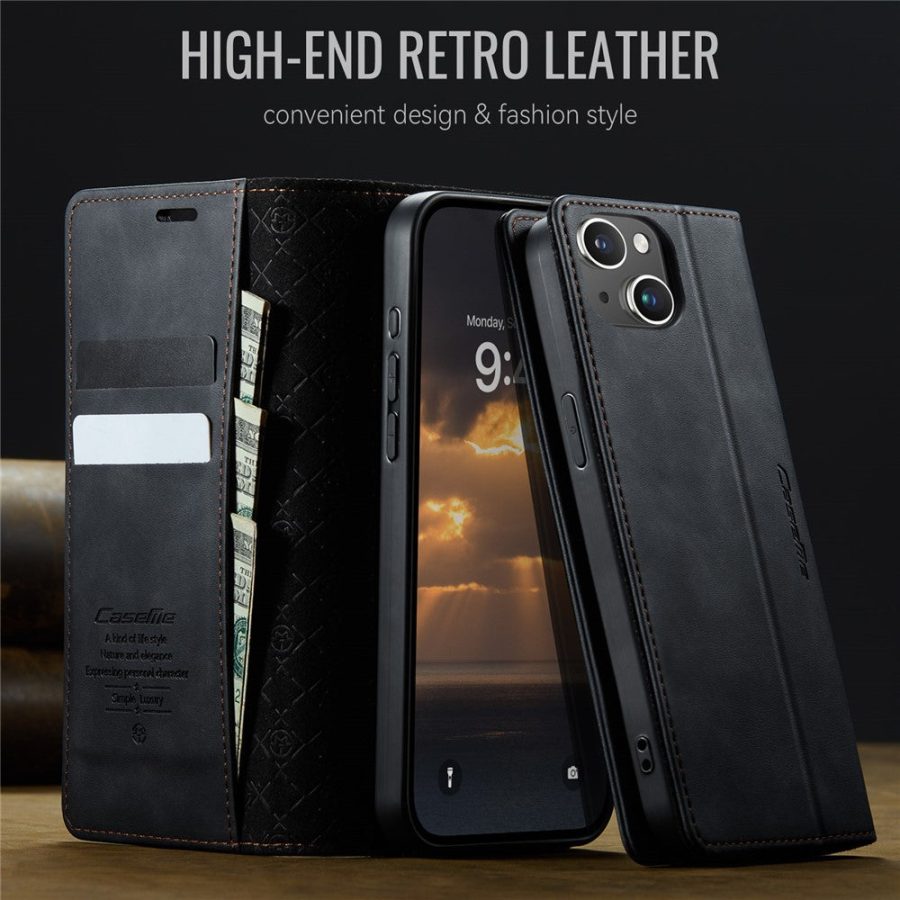 CASEME For iPhone 14 Plus Case RFID Blocking Wallet Calf Texture Vegan Leather Flip Cover