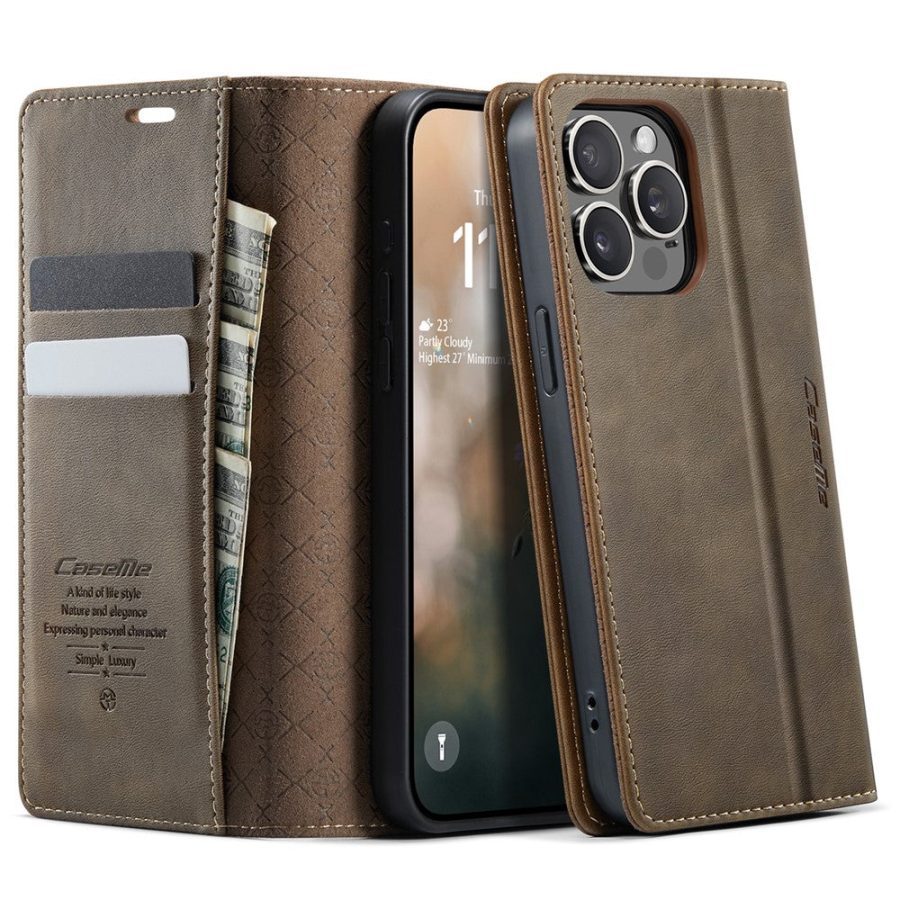 CASEME For iPhone 14 Pro Max Case RFID Blocking Wallet Calf Texture Vegan Leather Flip Cover