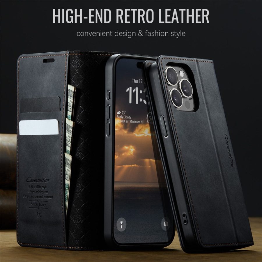 CASEME For iPhone 14 Pro Max Case RFID Blocking Wallet Calf Texture Vegan Leather Flip Cover