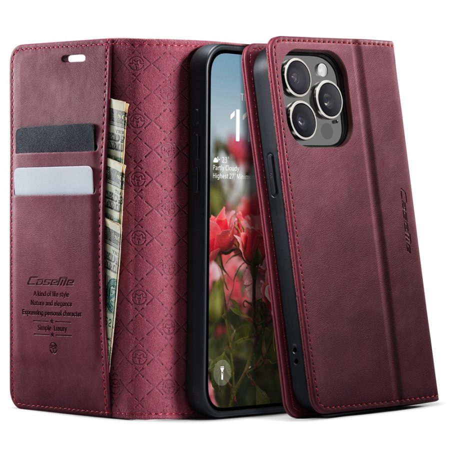CASEME For iPhone 14 Pro Max Case RFID Blocking Wallet Calf Texture Vegan Leather Flip Cover
