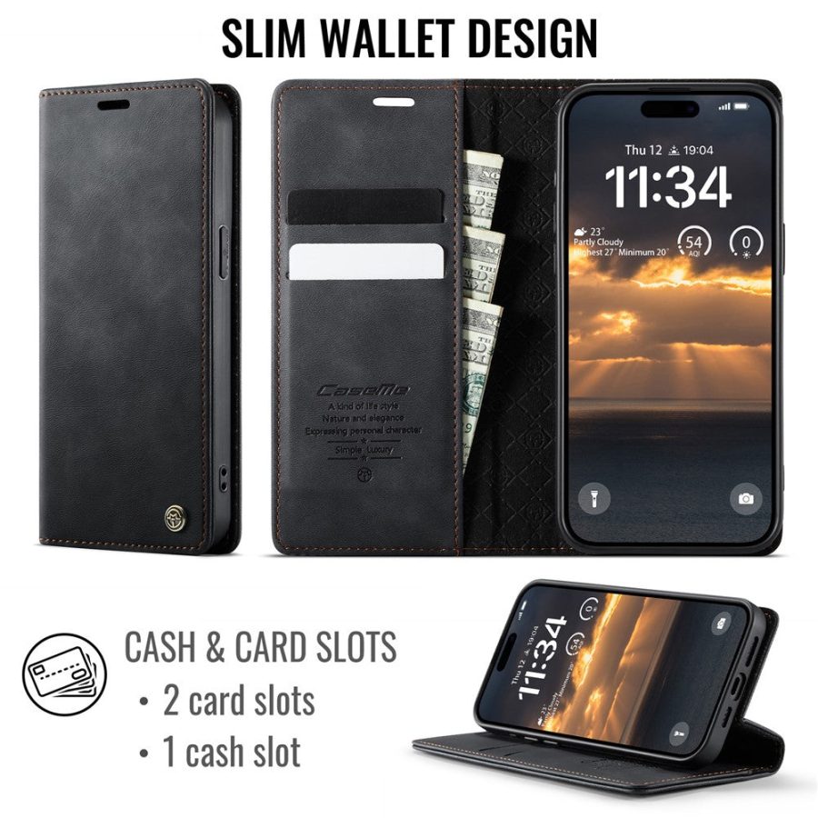 CASEME For iPhone 15 Pro Case RFID Blocking Wallet Calf Texture Vegan Leather Flip Cover