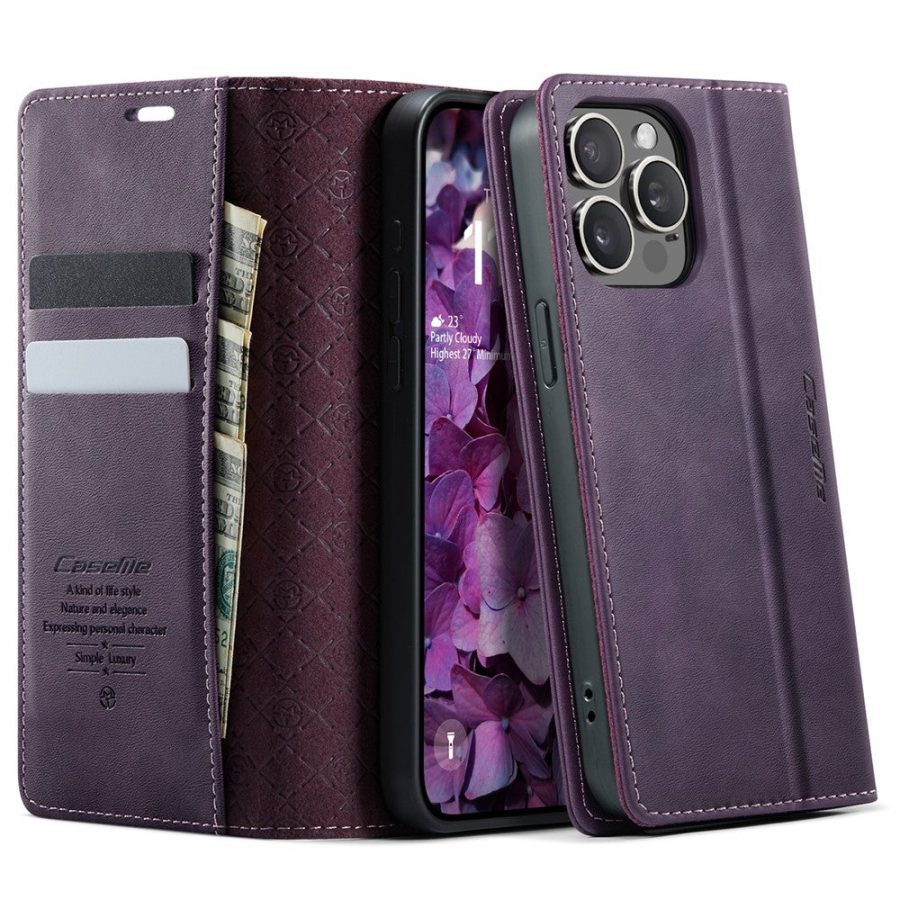 CASEME For iPhone 15 Pro Max Case RFID Blocking Wallet Calf Texture Vegan Leather Flip Cover