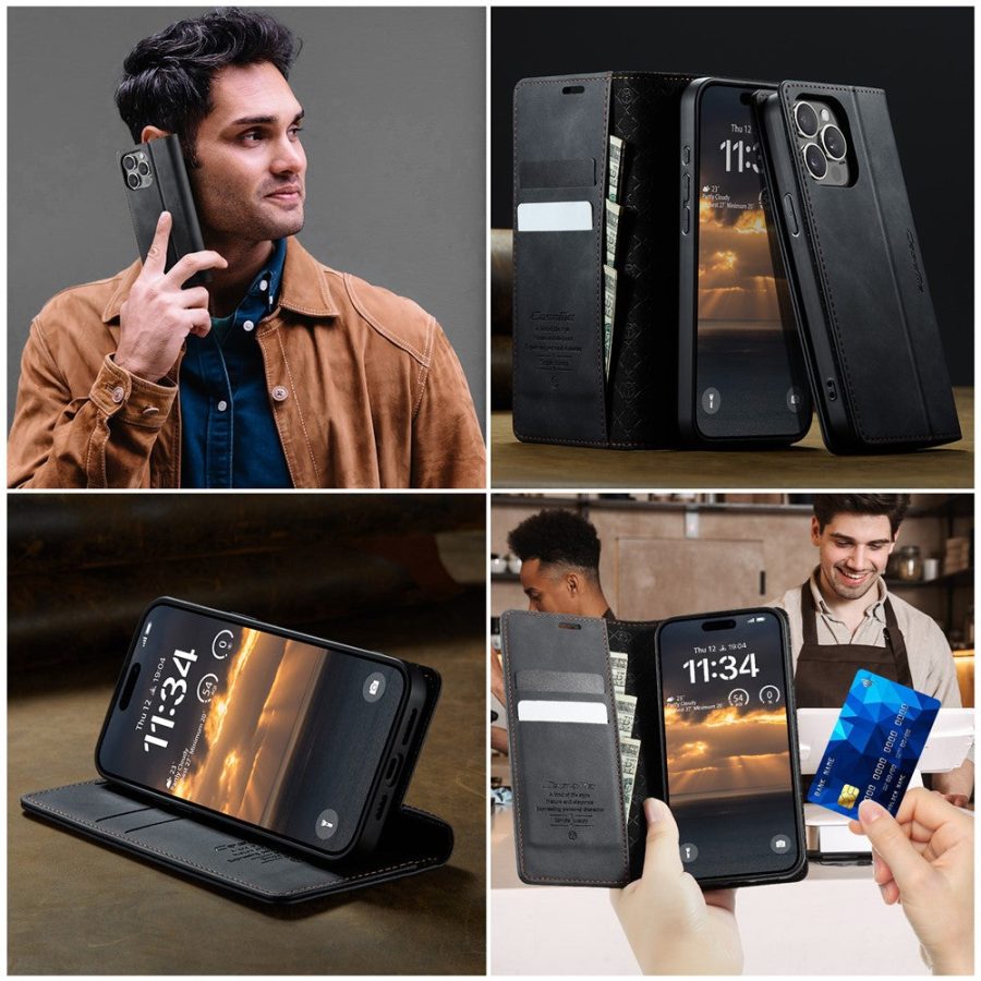 CASEME For iPhone 15 Pro Max Case RFID Blocking Wallet Calf Texture Vegan Leather Flip Cover