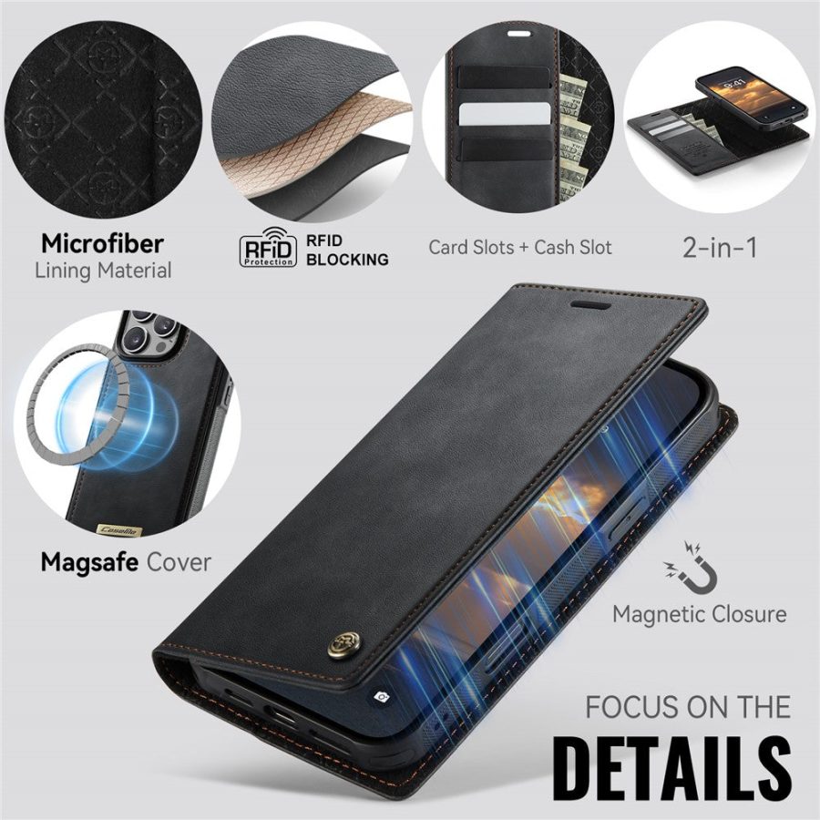 6601166106B-9 CASEME iPhone 16 Pro Max Case 2-in-1 Detachable Wallet Vegan Leather Flip Cover - Compatible with MagSafe