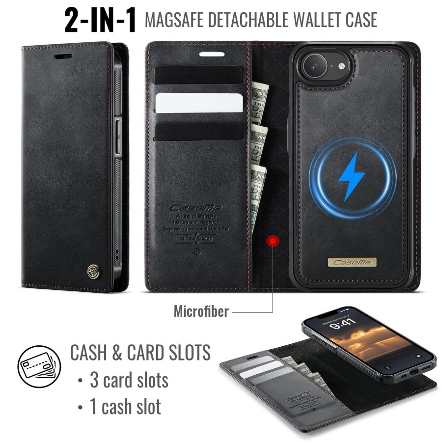 6601166406A-2 CASEME iPhone 17e / 16e Case 2-in-1 Detachable Wallet Vegan Leather Flip Cover - Compatible with MagSafe