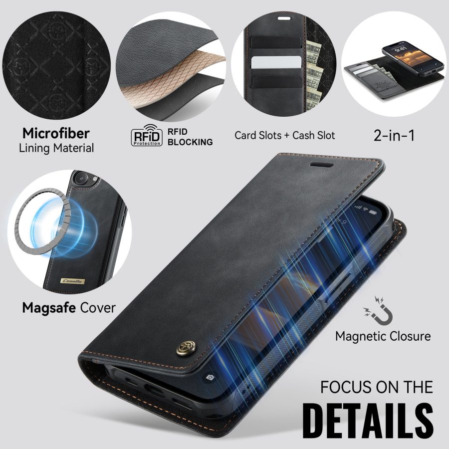 6601166406A-9 CASEME iPhone 17e / 16e Case 2-in-1 Detachable Wallet Vegan Leather Flip Cover - Compatible with MagSafe