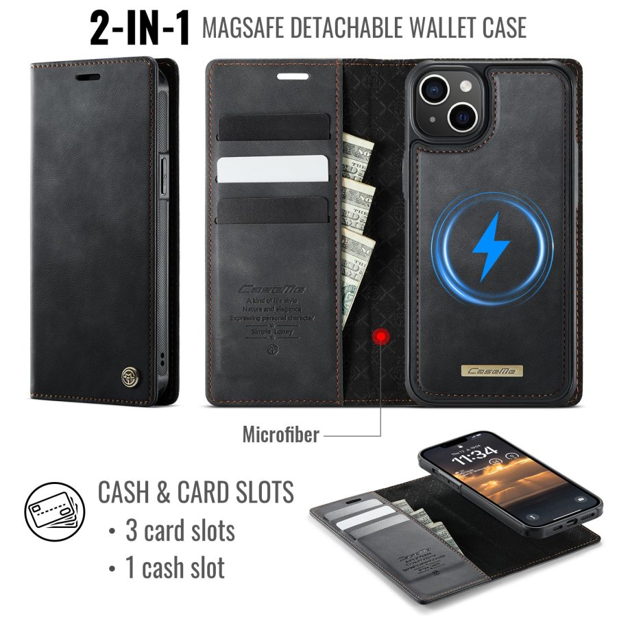 6601166408A-2 CASEME iPhone 15 Case 2-in-1 Detachable Wallet Vegan Leather Flip Cover - Compatible with MagSafe